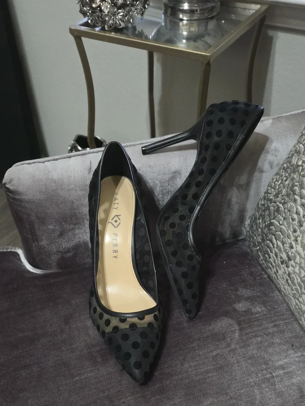 Katy Perry Collections Black Polka Dot Mesh Pointed Stiletto Pumps